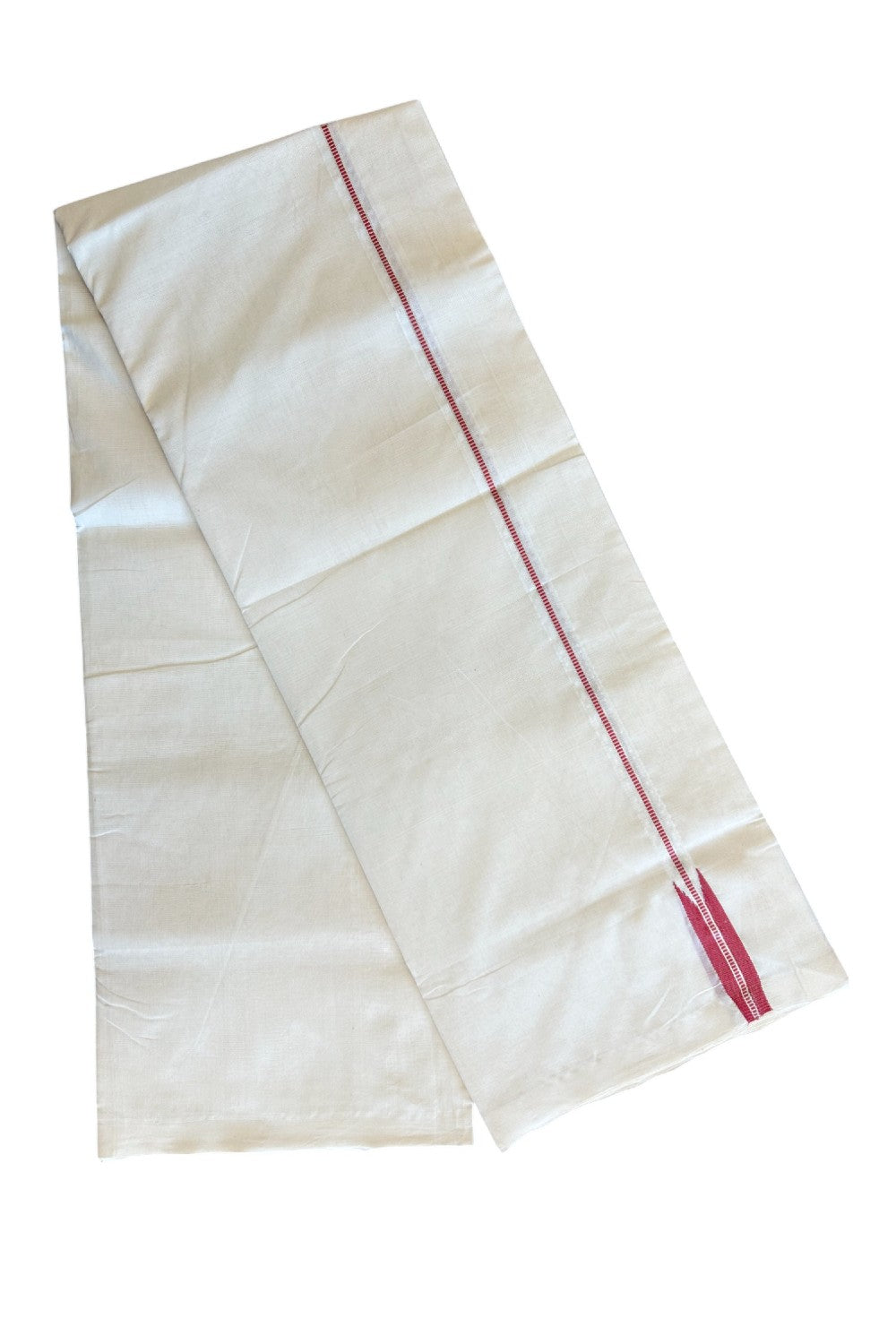 8% DISCOUNT!! KaithariKada HANDLOOM Unakkupaav Balaramapuram - 100% PURE Cotton OFF White (Unbleached)Double Mundu/Dothi - 0.75 inch Silver Kasav Reddish Rose Muthukkuri Chutty Puliyilakkara 3.70 mtrs - 17KK5029RAM