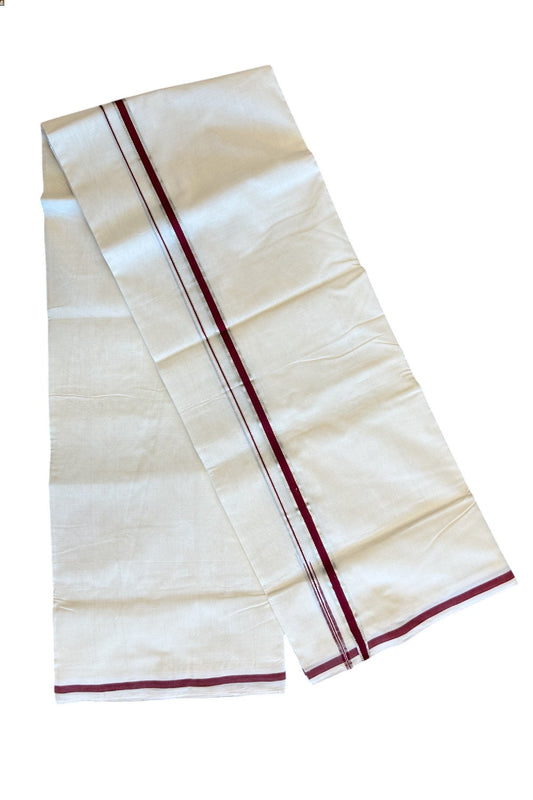 20% Discount!! KaithariKada HANDLOOM UNAKKUPAAV Balaramapuram - 100% PURE Cotton Off white (Unbleached) Double Mundu/Dhoti - 1.cm  Maroon & Silver Kasavu Chutty Kara-120