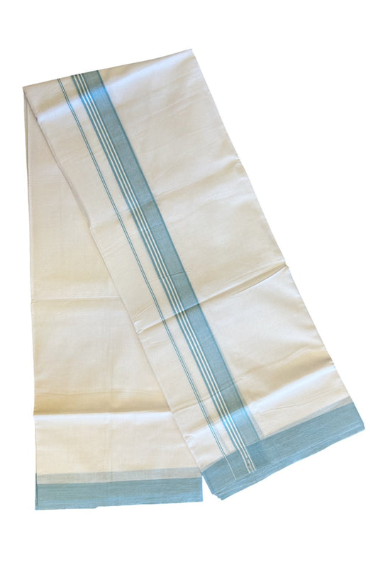 KaithariKada 100% Cotton PURE White  Double  Dhoti/Mundu 2.25 inch Light Sky Blue  Border- 74.