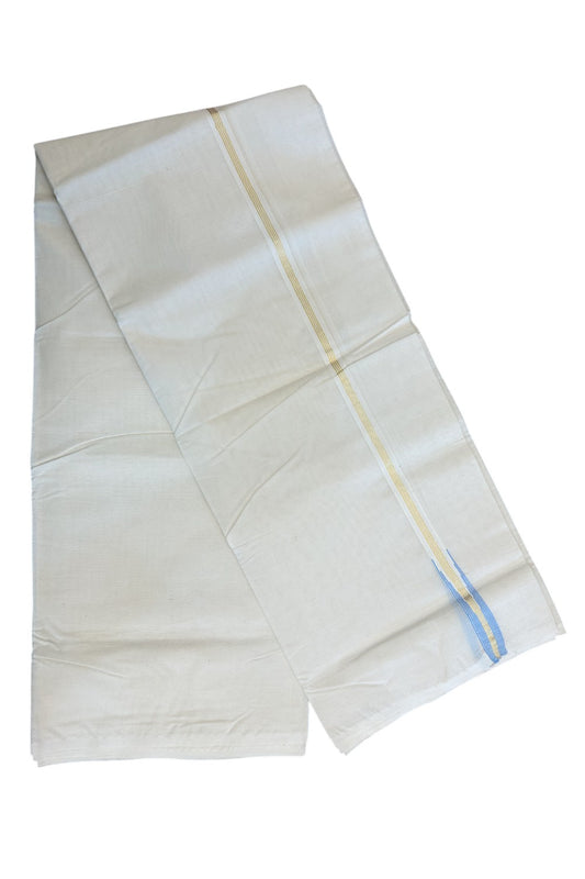 18% Discount New!! KaithariKada Balaramapuram 100% Cotton Double Off white - (Unbleached) - Mundu/Dhoti-100x100 2cm  Puliyilakkara Chutty Gold 4 Line Kasavu & Blue kara - 22