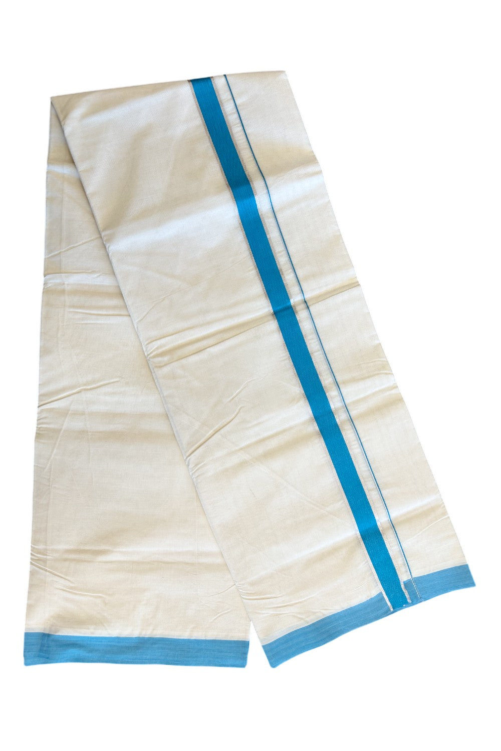 32% Discount !! KaithariKada Balaramapuram 100% Cotton Double Off white -(Unbleached) Mundu/Dhoti-100x100 - 1.5inch Silver Kasavu & Blue Kara- 17KK5045ASH