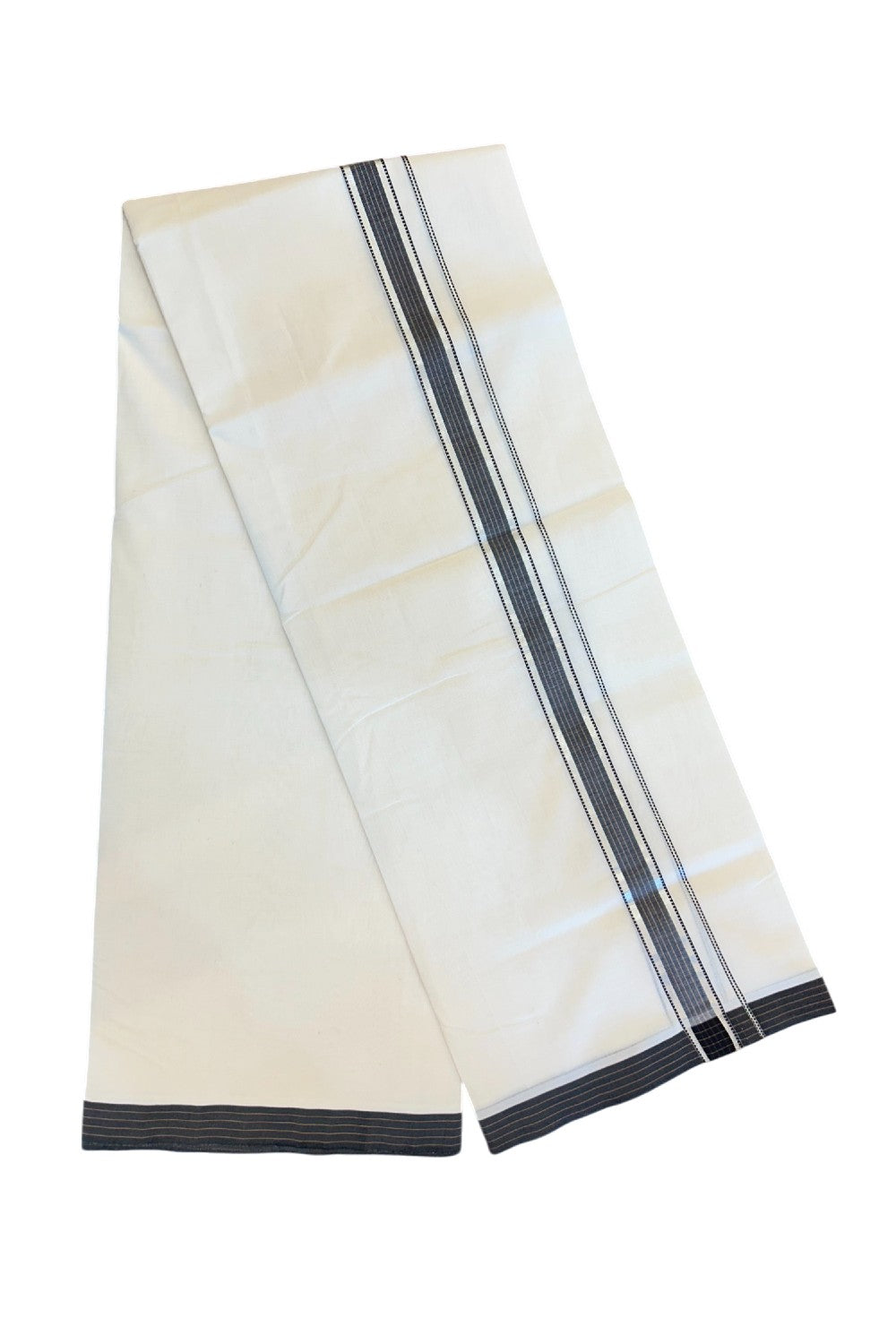 19% Discount!!! KaithariKada HANDLOOM UNAKKUPAAV Balaramapuram - 100% PURE Cotton off white - (Unbleached) Double Mundu/Dhoti - 1.75 inch Silver kasavu Black & Brown striped kara - 17KK5049REA