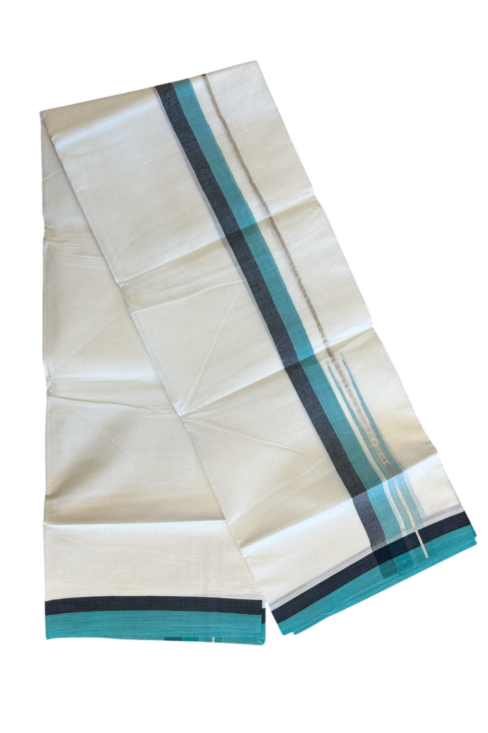 19% Discount!!! KaithariKada Balaramapuram  Double Off white - (Unbleached) Mundu/Dhoti - 80X90 - 1.5 inch Black & Dark Turquoise Green Silver Chutty Kara 3.85 meters - 17KK5058GUN