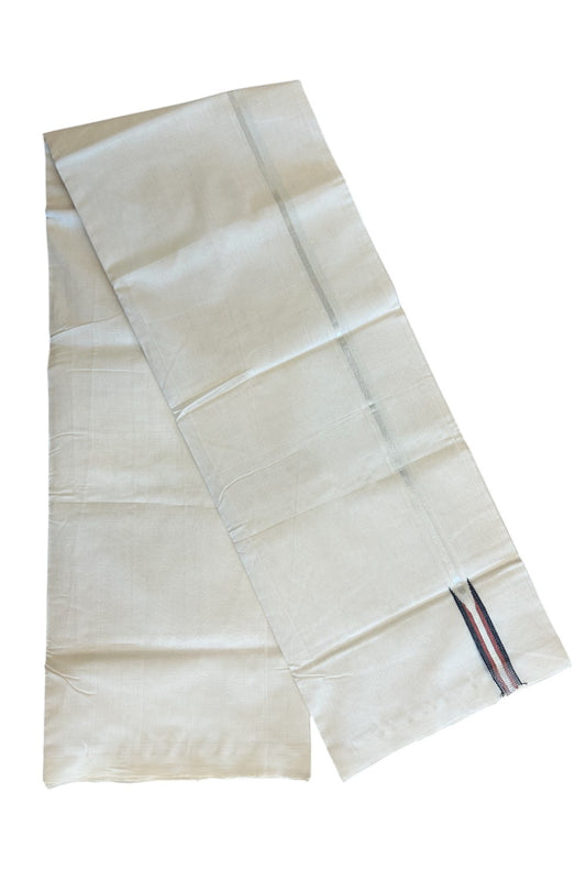 15% DISCOUNT! KaithariKada BALARAMAPURAM HANDLOOM Unakkupaav- 100% PURE Cotton 100x100 Double Mundu/Dhoti OFF WHITE (Unbleached) - PULIYILAKKARA Silver Kasavu & Black+Brick Red 2.cm Chutty KARA-29RAM