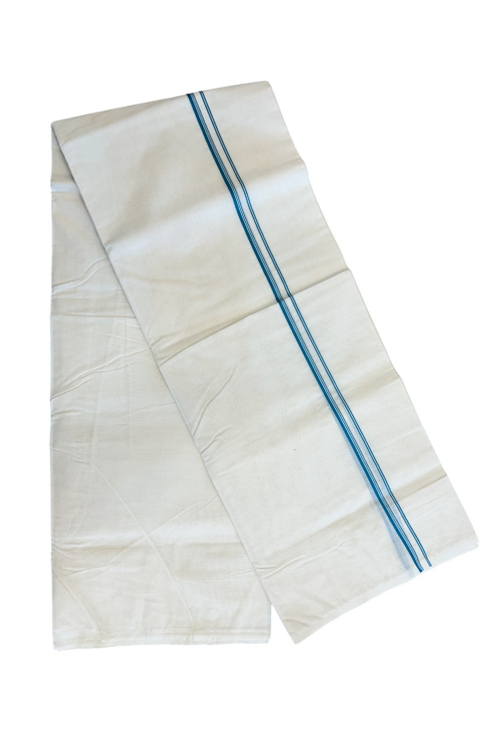 10% DISCOUNT ! KaithariKada Balaramapuram 100% Cotton Double Off white  - (Unbleached) Mundu/Dhoti-100X100-  PEACOCK  GREEN & STRIPES 2.cm Kara.-  ASH010.