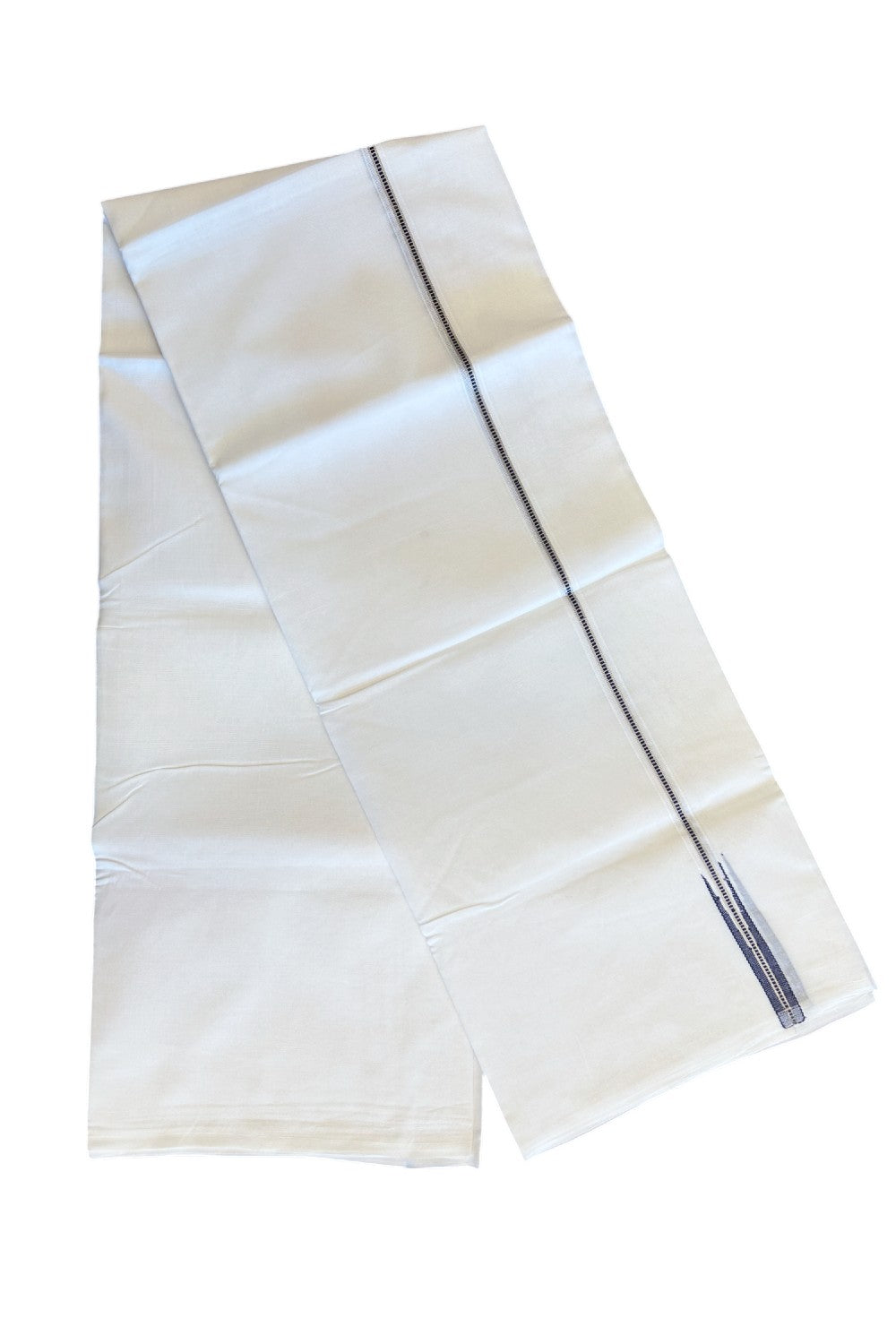 19% DISCOUNT!! KaithariKada Balaramapuram 100% Cotton PURE WHITE Double Mundu/Dhoti-100x100 1.5 cm Puliyilakkara MUTHUKKURI Silver & Navy Blue chutty - 17KK5066KK