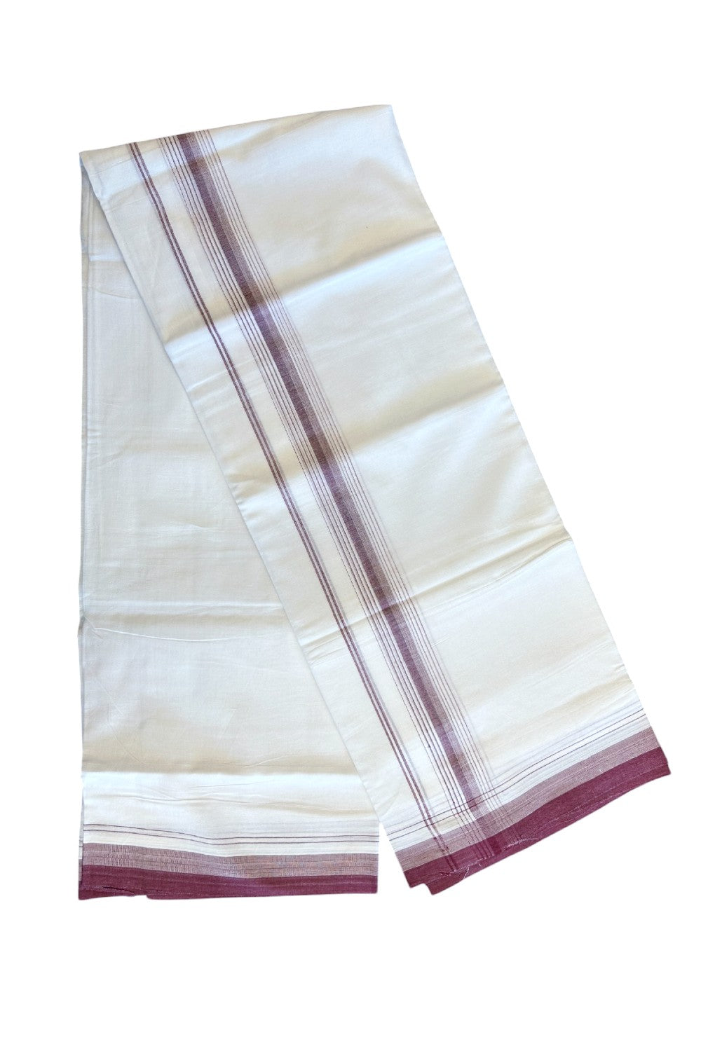 15% DISCOUNT!! Kaitharikada Balaramapuram 100% Cotton Ultra WHITE Double Mundu/Dothi-100x90  2.25 inch Sand Brown & Maroon shaded stripes kara - 17KK5067KK