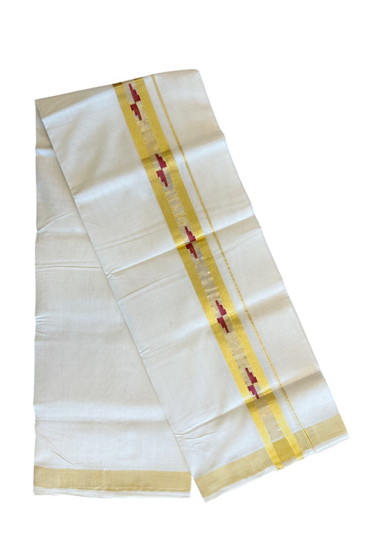 30% Discount!!! KaithariKada HANDLOOM UNAKKUPAAV Balaramapuram - 100% PURE Cotton off white (Unbleached) Double Mundu/Dhoti -100x 100 - 2.5 inch Kasavu with Center Tissue & Maroon design kara - 16KK5096YAR