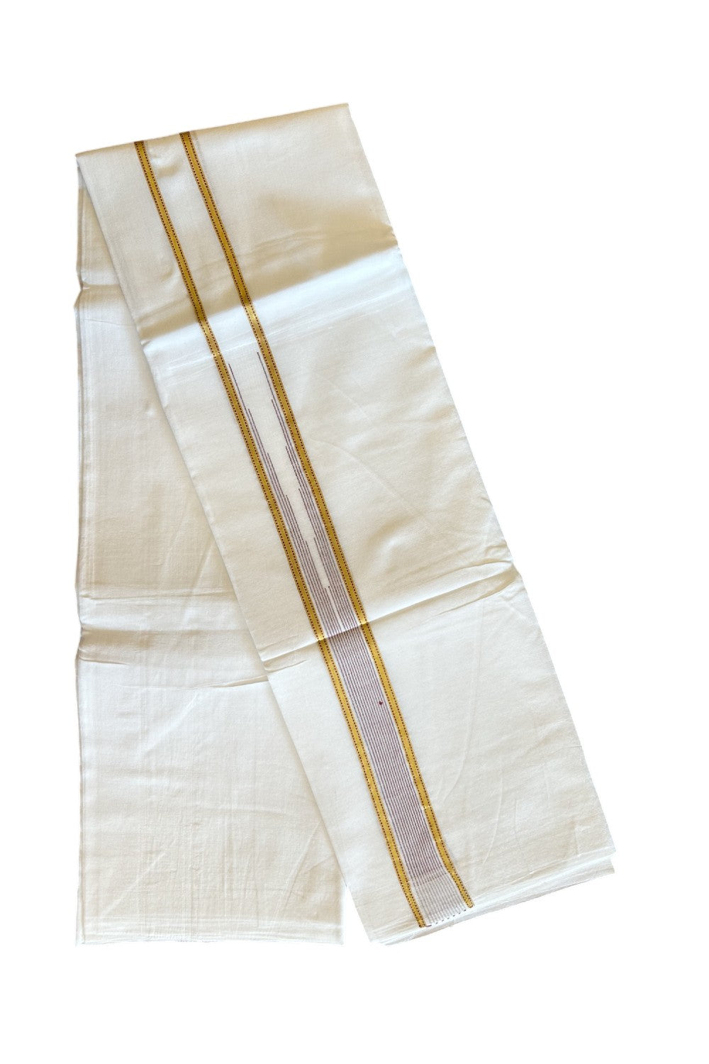 20% DISCOUNT!! KaithariKada Balaramapuram 100% Cotton PURE WHITE Double Mundu/Dhoti - 100x80 - 1.5 inch Wine Purple & Gold Kasav striped Chutty kara - 17KK5109THI