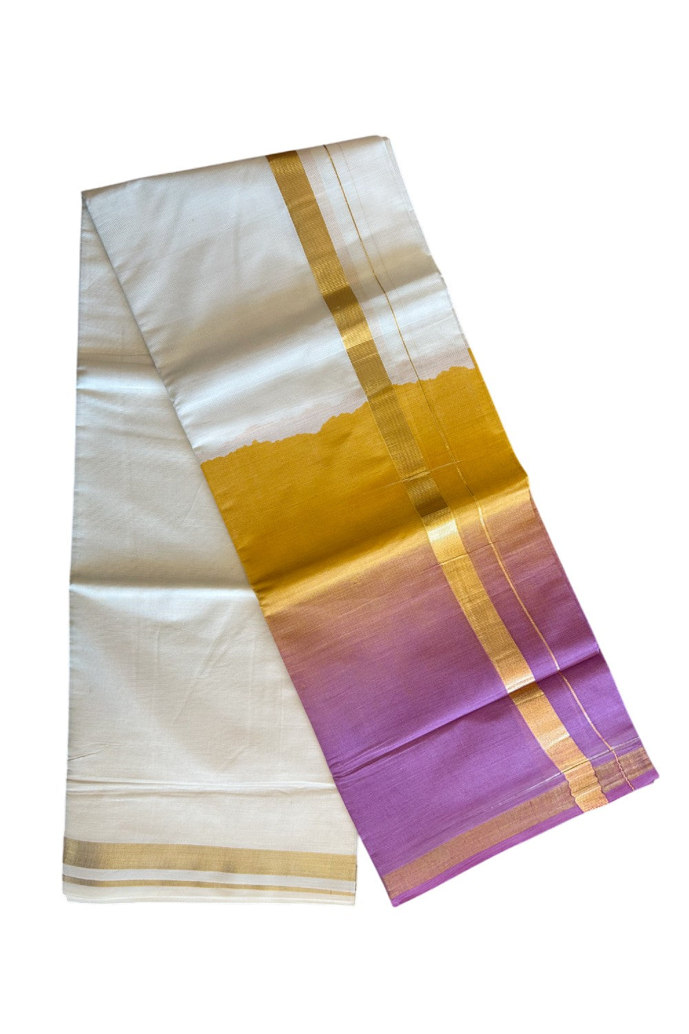 20% Discount !! KaithariKada Balaramapuram Mixed Cotton OFF White (Unbleached) Double Mundu/Dhoti -80x80 Thread Mixed Cotton - 1.75 inch Yellowish Orange & Light Grape Purple Dyed Kasav Kara  - 17KK5113PMC