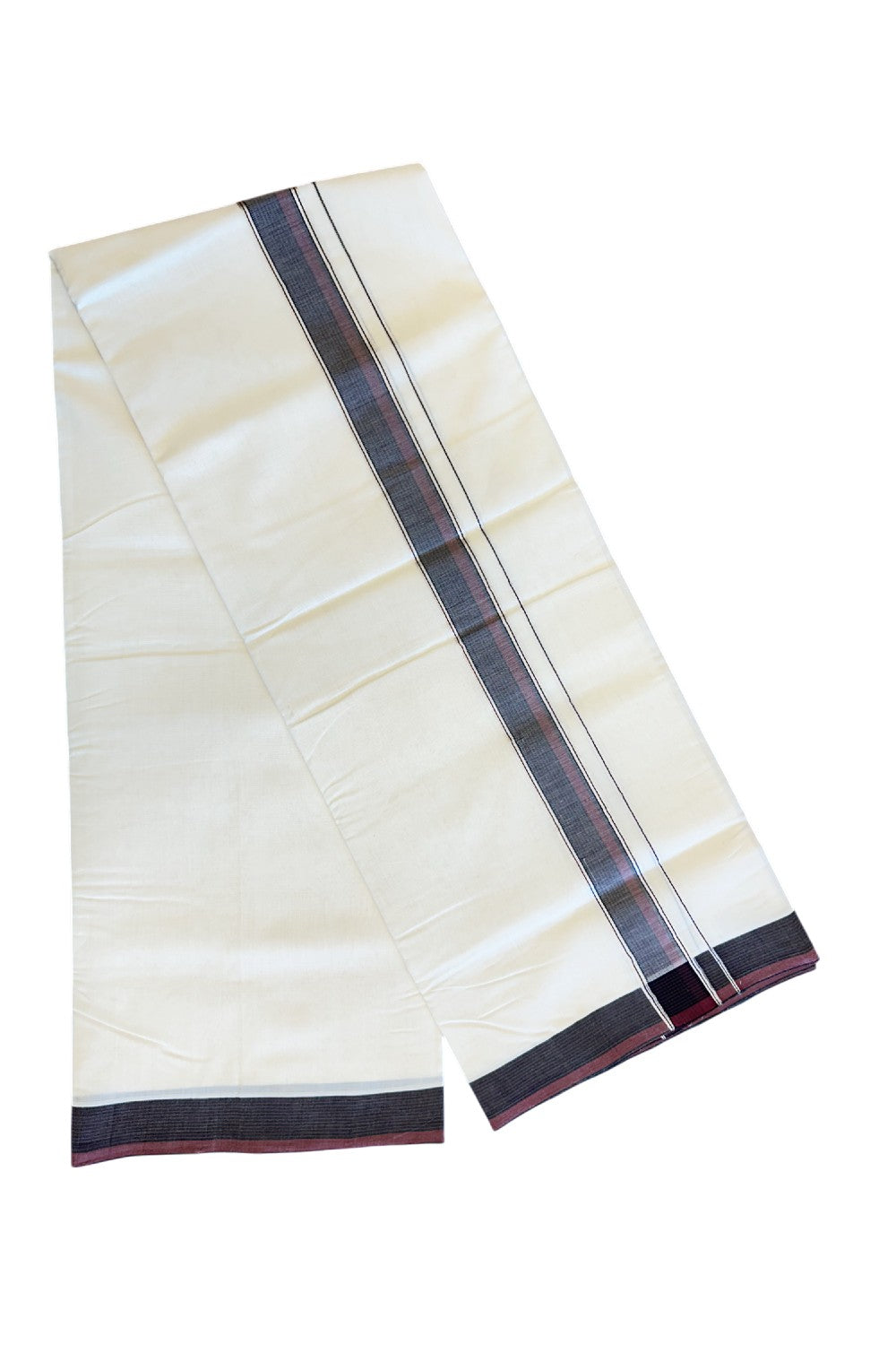 30% DISCOUNT! KaithariKada BALARAMAPURAM HANDLOOM UNAKKUPAAV - 100% PURE Cotton Off white (Unbleached) Double Mundu/Dhoti - 1.5 inch Maroon & Black Silver Kasav Kara - 17KK5123RAM