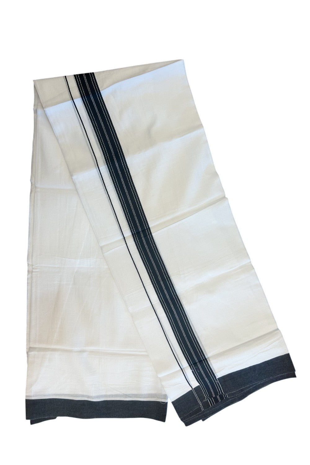 20% DISCOUNT! KaithariKada Balaramapuram 100% Cotton Double PURE white Mundu/Dhoti - 100x80 - 1.25 Inch Black Center Striped Kara - 17KK5135GAN