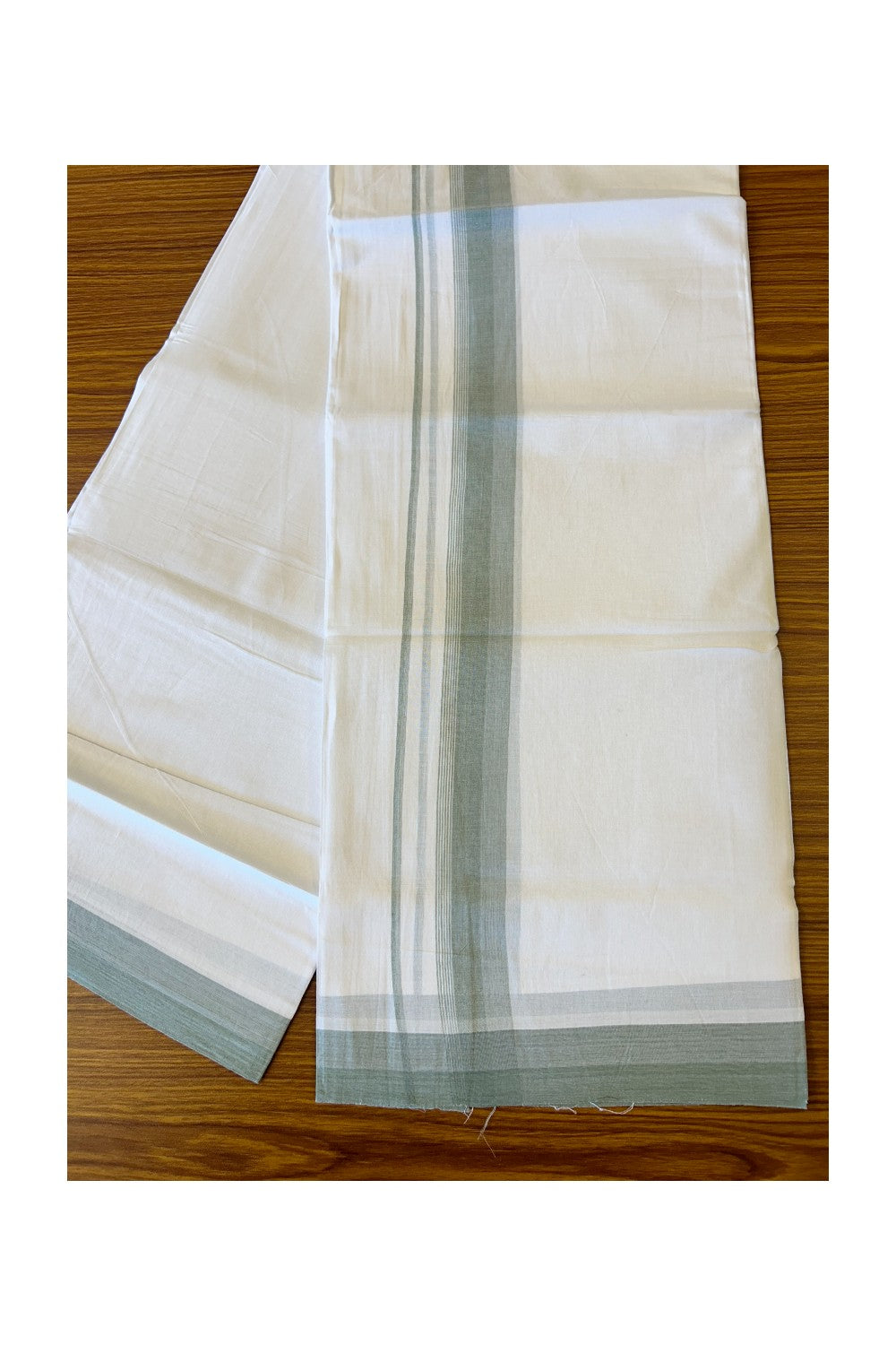 24% DISCOUNT!! Kaitharikada Balaramapuram 100% Cotton Ultra WHITE Double Mundu./Dothi-100x80 SAGE GREEN Striped  Cotton Kara -17KK61VAS