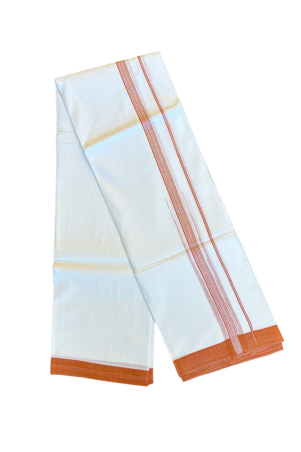 22% DISCOUNT!! Kaitharikada Balaramapuram 100% Cotton Ultra WHITE Double Mundu/Dothi-100x100  2.25 Inch ORANGE Striped Cotton Kara 3.80m- 17KK74RAM