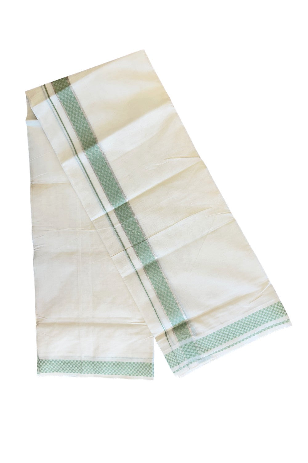 21% DISCOUNT ! KaithariKada Balaramapuram 100%  Cotton Double off white  Mundu/Dhoti - 100X100 Silver kasavu  light green check design kara - 17KK78PMC