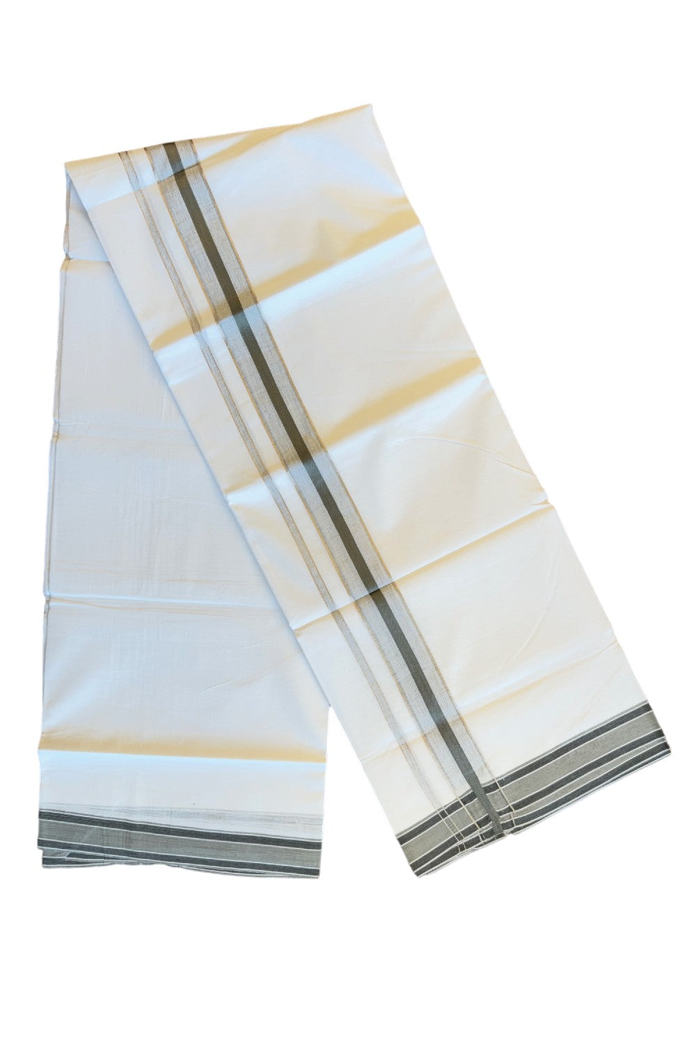 19% DISCOUNT!!! KaithariKada Balaramapuram 100% Cotton Double PURE white Mundu/Dhoti-100x100   2.25 Inch Silver kasavu ash gray shaded  kara  - 17KK83VIN