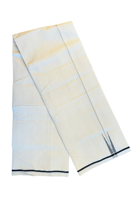 21% DISCOUNT!! KaithariKada HANDLOOM Millpaav Balaramapuram - 100% PURE Cotton OFF White (Unbleached) Double Mundu/Dothi - 1inch Puliyilakkara Silver kasavu  black chutty & stripes - 17KK86RAM