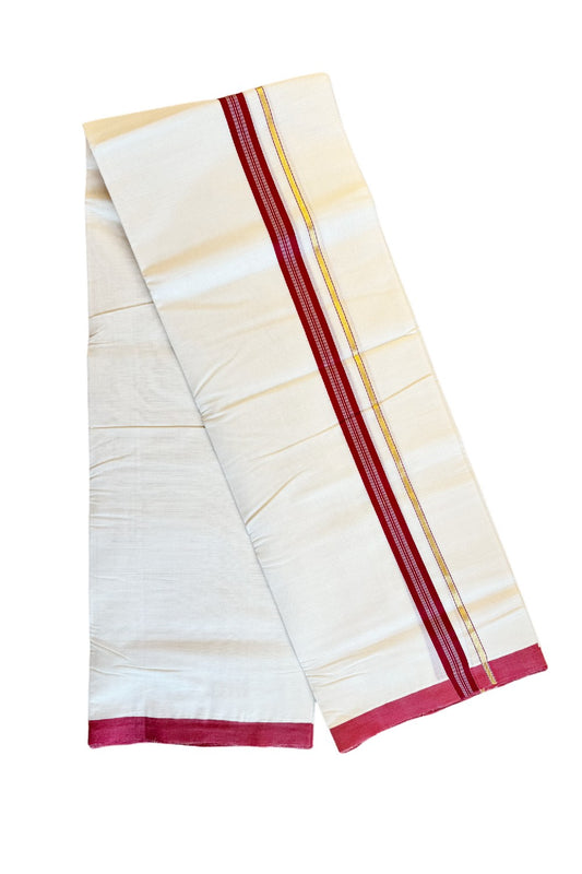 15% DISCOUNT!! KaithariKada HANDLOOM Unakkupaavu Balaramapuram - 100% PURE Cotton OFF White (Unbleached) Double Mundu/Dothi -  RED + KASAVU Striped 1 inch Kara-KK46SOM-17.