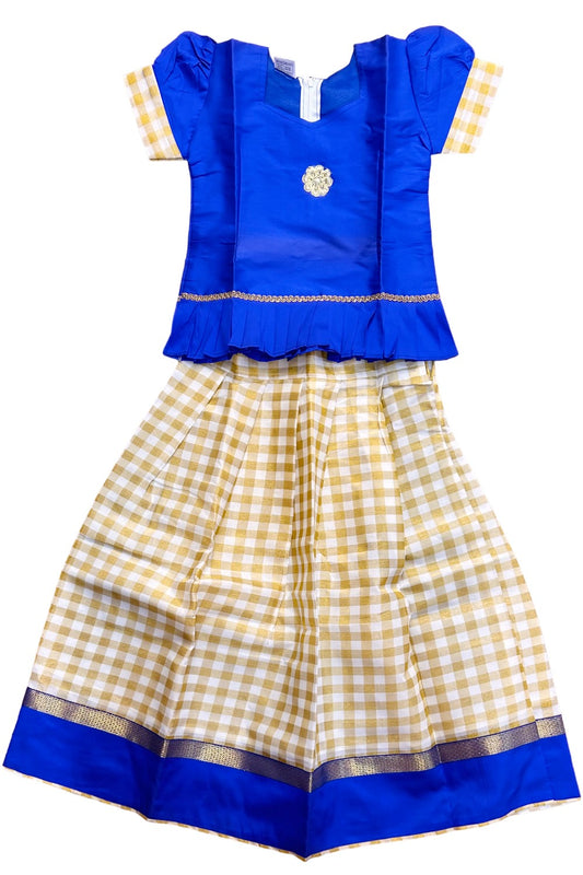 Midukki-Traditional South Indian Kids Pattu Pavada- Blue top with pleats offwhite check skirt with kasavu & blue border- Age 8 - KK8MID0017