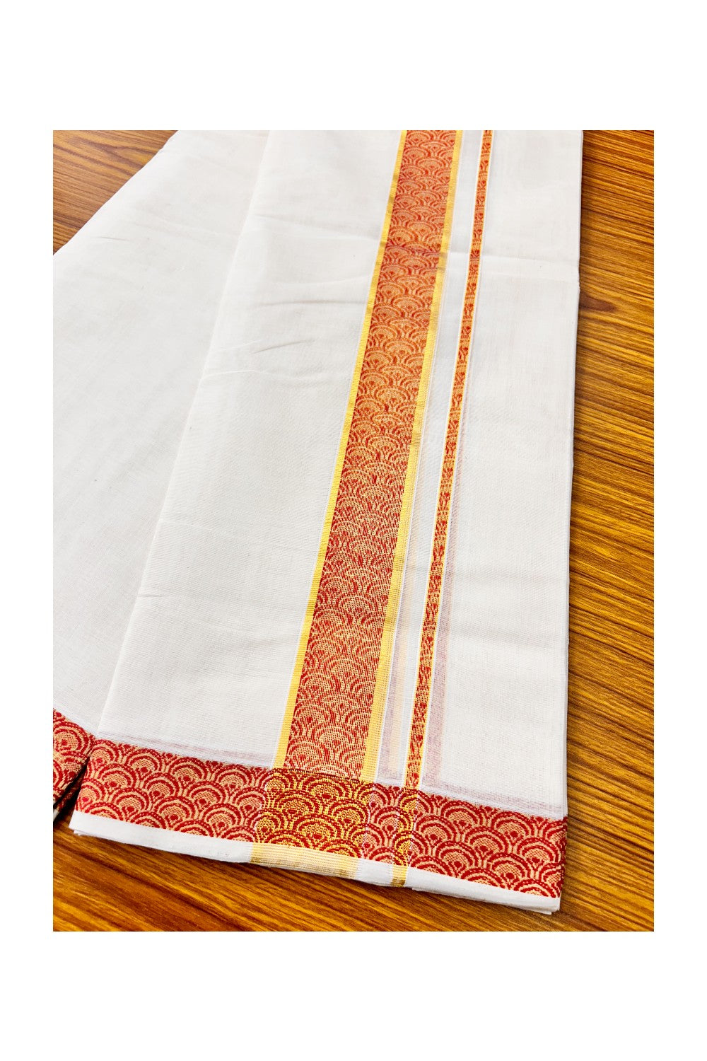 18 % DISCOUNT ! KaithariKada HANDLOOM Unakkupaav Balaramapuram - 100% PURE Cotton 4.44 Meter Off White Double Mundu/Dhoti - Brick Red Flower & KASAVU DESIGN 2.5 Inch KARA- ABH17