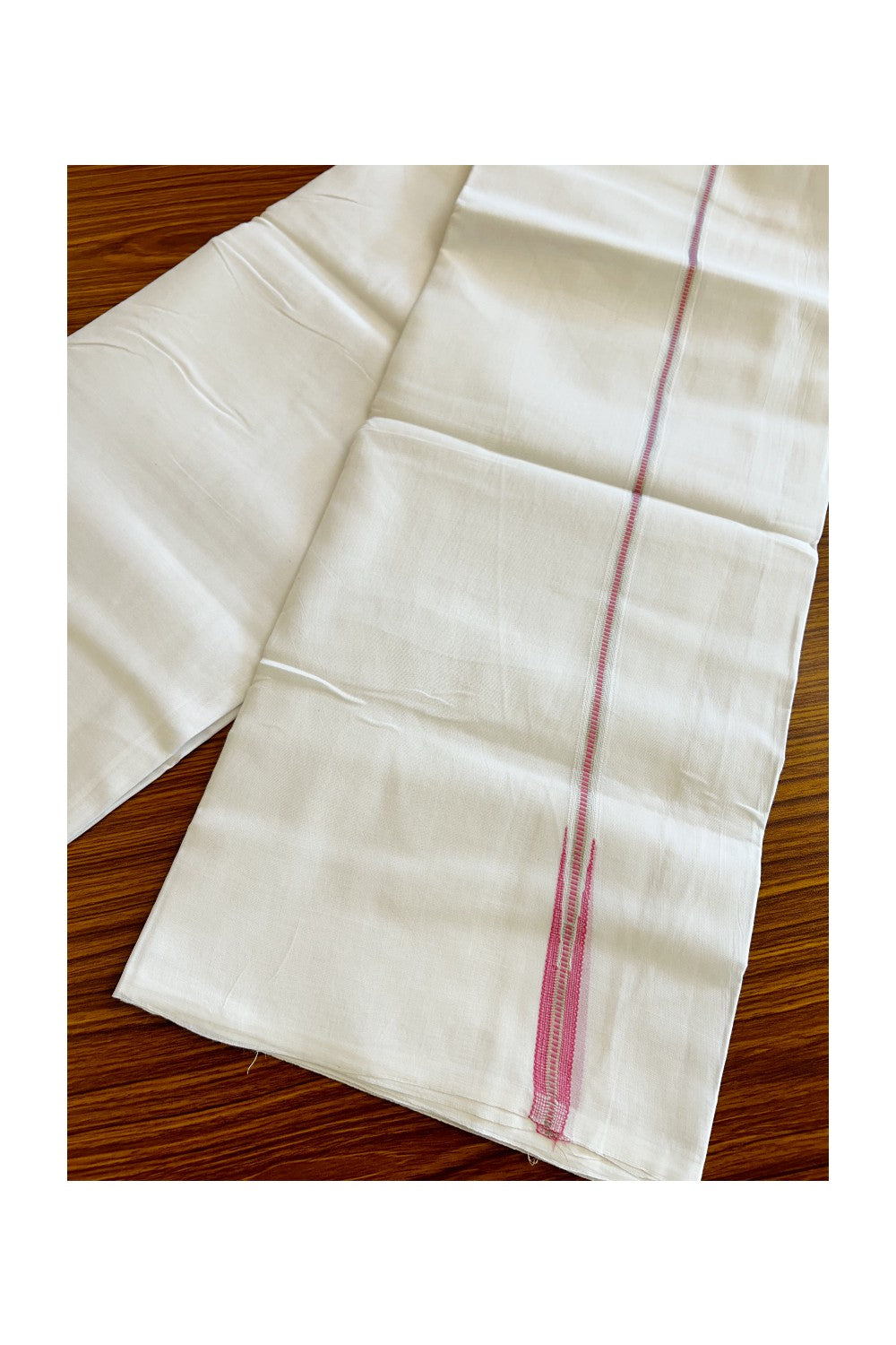 23% DISCOUNT!! KaithariKada Balaramapuram 100% Cotton PURE WHITE Double Mundu/Dhoti-100x100  1.5cm Puliyilakkara  MUTHUKKURI  DARK PINK  AND SILVER  KASAVU Chutty Pattern KARA.