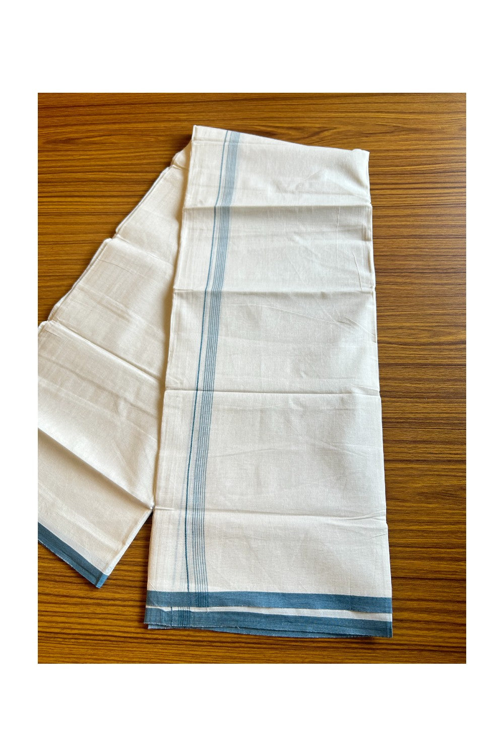 23% DISCOUNT! KaithariKada Balaramapuram 100% Cotton Double Off white Mundu/Dhoti-100x90 0.75inch Blue Striped kara - 17KK431VAS