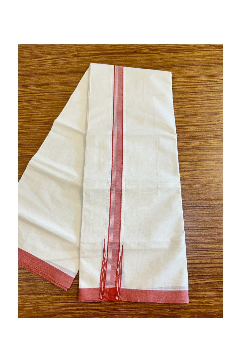 20% DISCOUNT ! KaithariKada 100% Cotton OFF WHITE (Unbleached) Double Dhoti/Mundu- 1.75inch  Puliyilakkara Brick Red Wings Chutty - 21KK455ASH