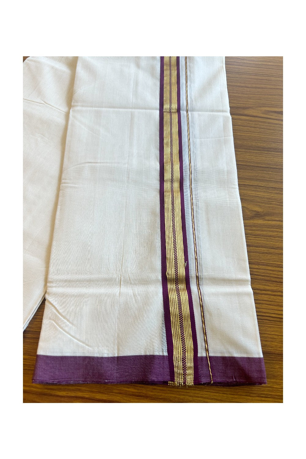 20% DISCOUNT!! KaithariKada HANDLOOM UNAKKUPAAV Balaramapuram - 100% PURE Cotton OFF White (Unbleached) Double Mundu/Dothi - 1.75 Inch Kasavu  & Wine Purple striped pattern Kara - 17KK456KK