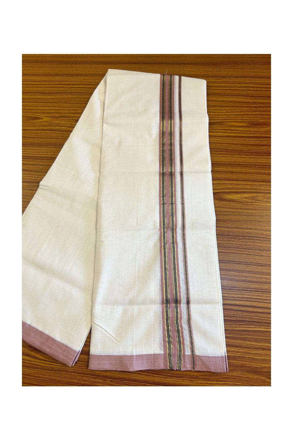 15% Discount!!! KaithariKada HANDLOOM UNAKKUPAAV Balaramapuram - 100% PURE Cotton off white (Unbleached) Double Mundu/Dhoti - 2 inch Kasavu Pink brown & Navy blue pattern kara - 17KK458SOM