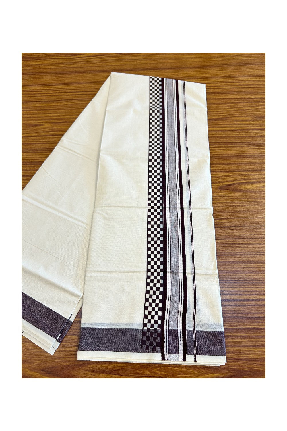 29% Discount !! KaithariKada Balaramapuram 100% Cotton Off white (Unbleached) Double Mundu/Dhoti - 80x72- 3.25 Inch  Deep Dark Maroon Striped pattern printed kara - 17KK470VIN