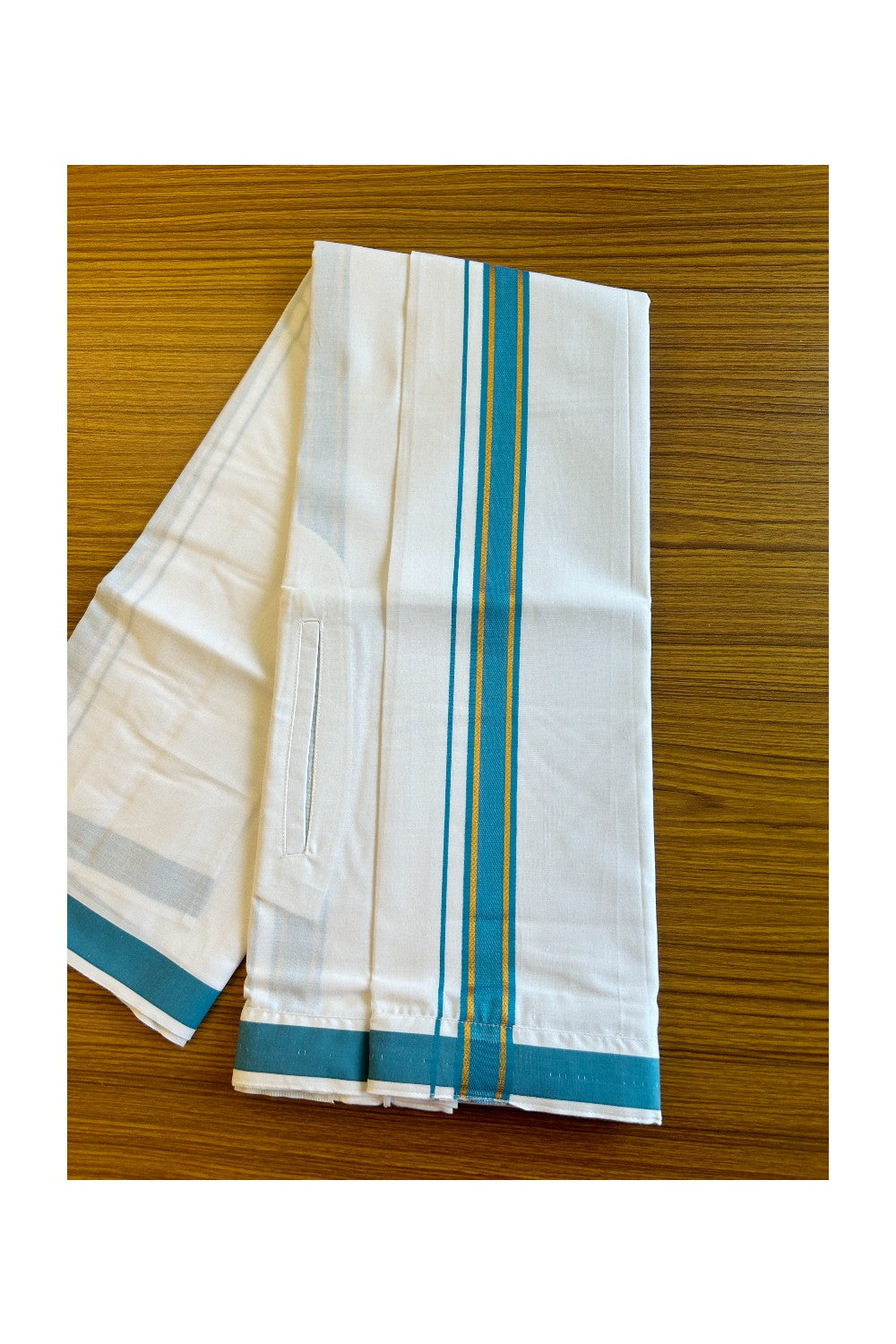 KaithariKada Balaramapuram COTTON SINGLE PURE WHITE VELCRO Mundu/Dhoti - 1.75inch Peacock Blue & Kasavu kara - 17KK485SRI