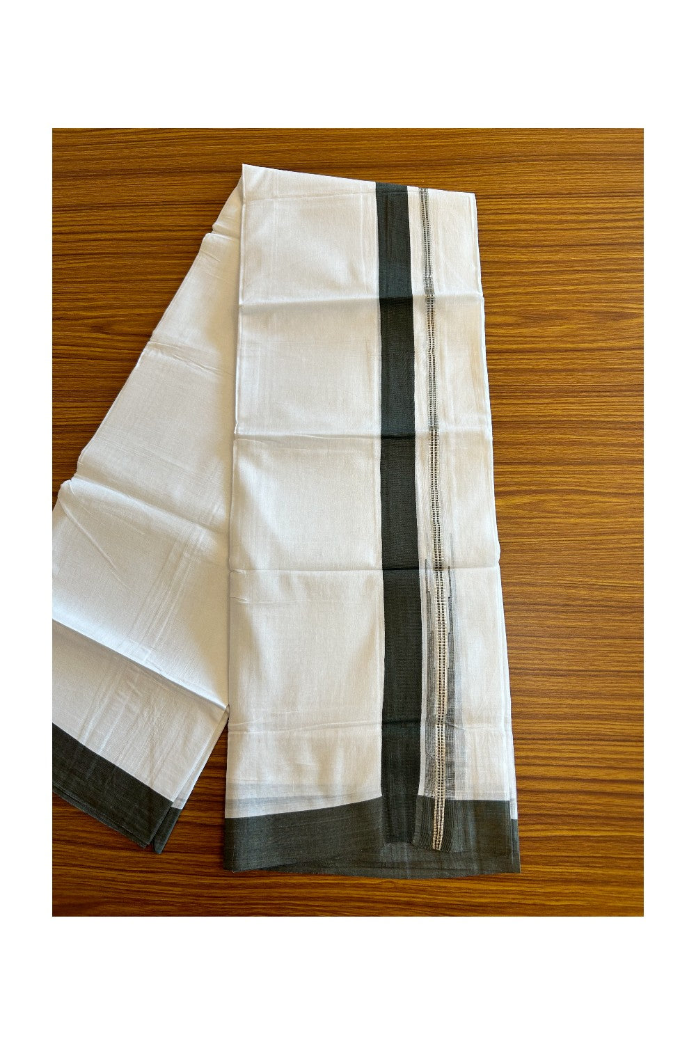 Kaitharikada  Balaramapuram 100% Pure Cotton PURE WHITE Double Mundu/Dothi - 80x92 - 1.5 Inch Dark Sage Green & Silver Chutty kara - 17KK5022VAN