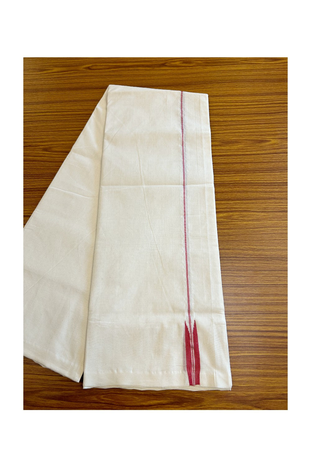 8% DISCOUNT!! KaithariKada HANDLOOM Unakkupaav Balaramapuram - 100% PURE Cotton OFF White (Unbleached)Double Mundu/Dothi - 0.75 inch Silver Kasav Reddish Rose Muthukkuri Chutty Puliyilakkara 3.70 mtrs - 17KK5029RAM