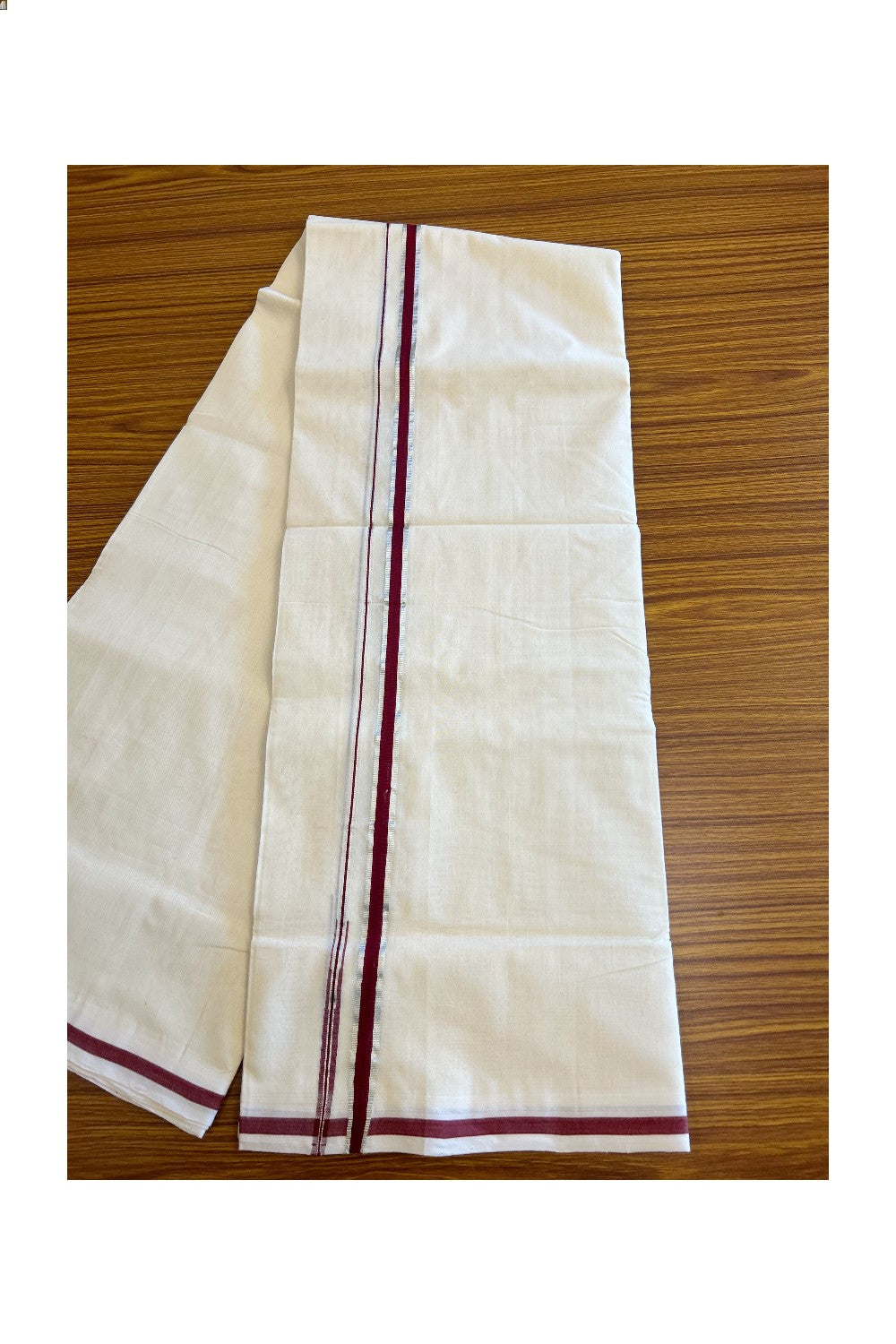 15% Discount!! KaithariKada HANDLOOM UNAKKUPAAV Balaramapuram - 100% PURE Cotton Off white (Unbleached) Double Mundu/Dhoti - 1.cm  Maroon & Silver Kasavu Chutty Kara-120