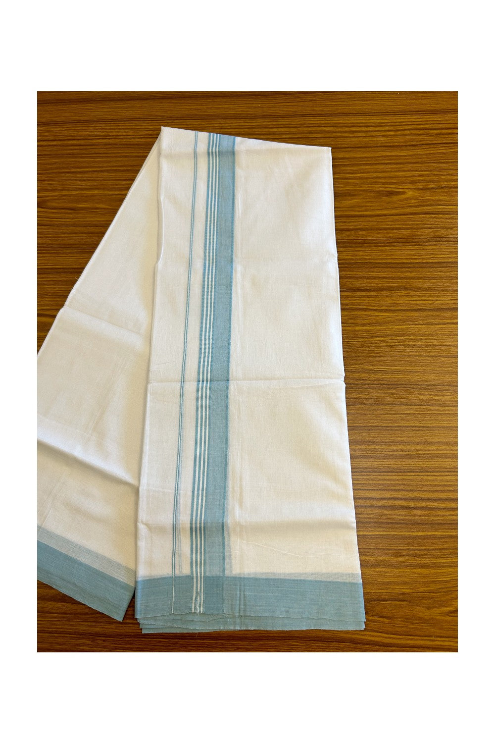 KaithariKada 100% Cotton PURE White  Double  Dhoti/Mundu 2.25 inch Light Sky Blue  Border- 74.