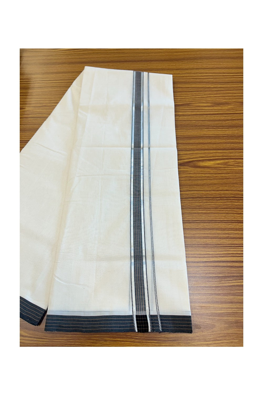 19% Discount!!! KaithariKada HANDLOOM UNAKKUPAAV Balaramapuram - 100% PURE Cotton off white - (Unbleached) Double Mundu/Dhoti - 1.75 inch Silver kasavu Black & Brown striped kara - 17KK5049REA