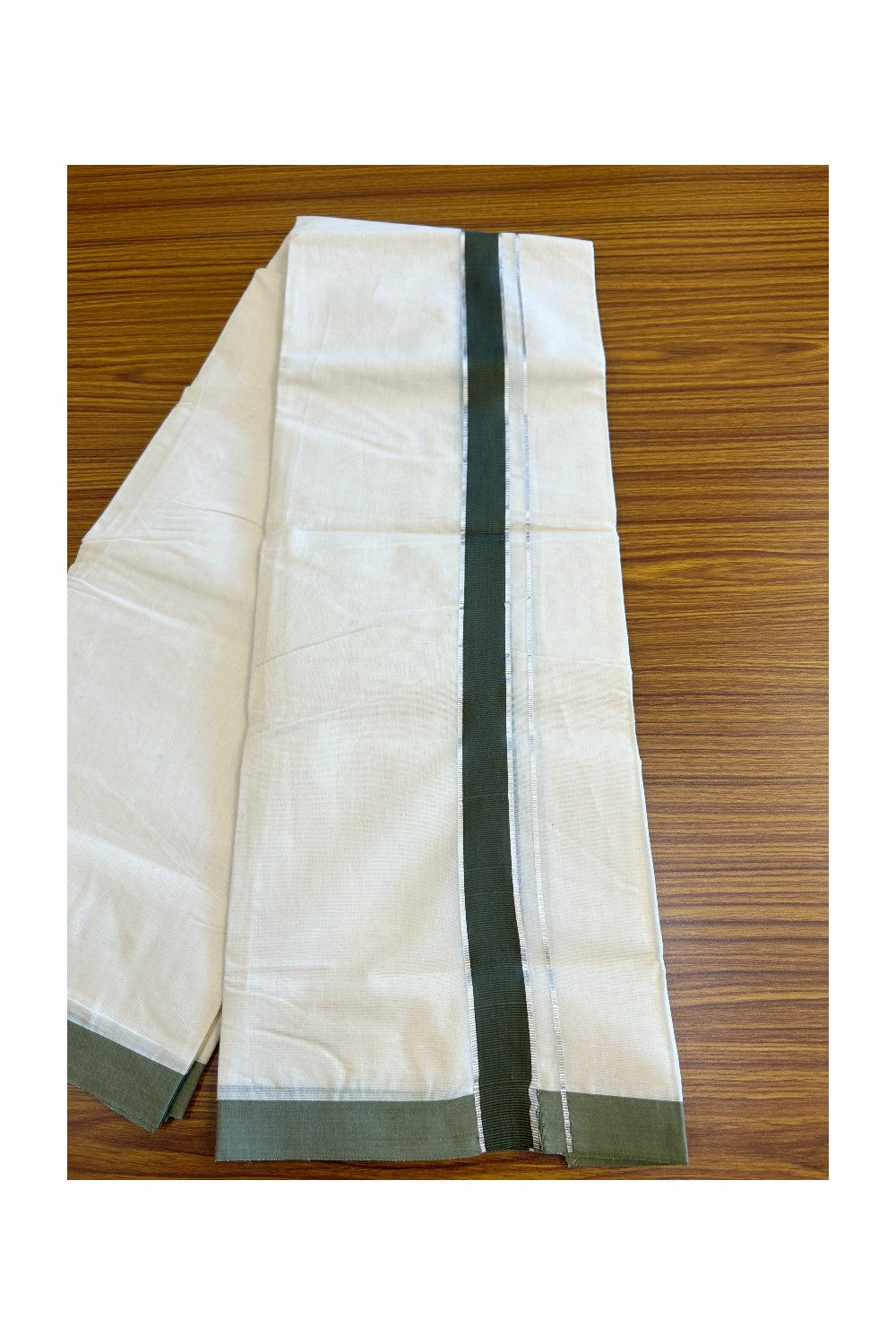 20% Discount KaithariKada Balaramapuram 100% Cotton Double Off white - (Unbleached) - Mundu/Dhoti - 100x80 - 1.75inch Silver Kasavu & Dark sage Green Kara 3.75 mtr - 112