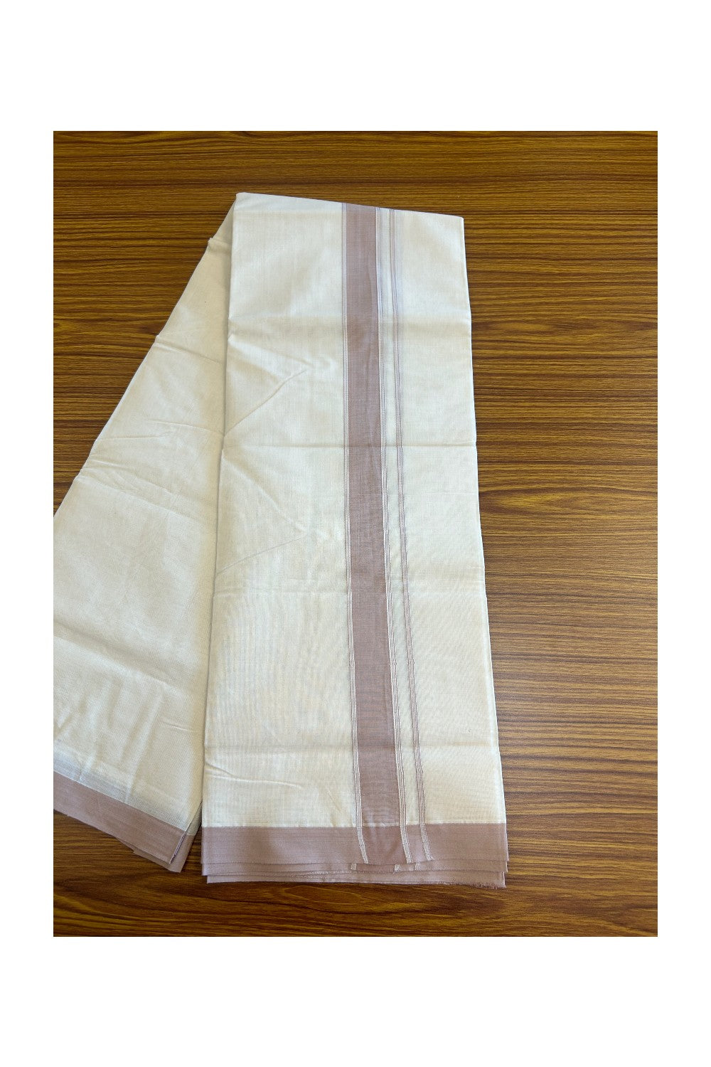 KaithariKada Balaramapuram 100% Cotton Double Off white - (Unbleached) - Mundu/Dhoti-100x80 - 2 inch  Greyish Brown Kara 3.75 mtr  - 166