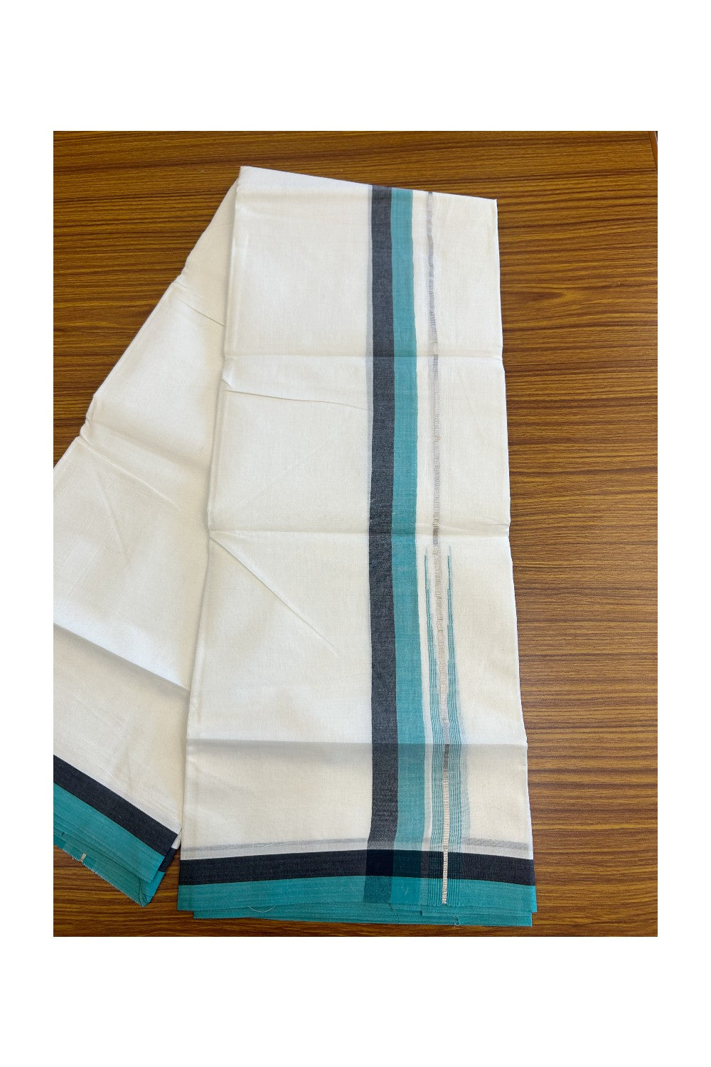 19% Discount!!! KaithariKada Balaramapuram  Double Off white - (Unbleached) Mundu/Dhoti - 80X90 - 1.5 inch Black & Dark Turquoise Green Silver Chutty Kara 3.85 meters - 17KK5058GUN