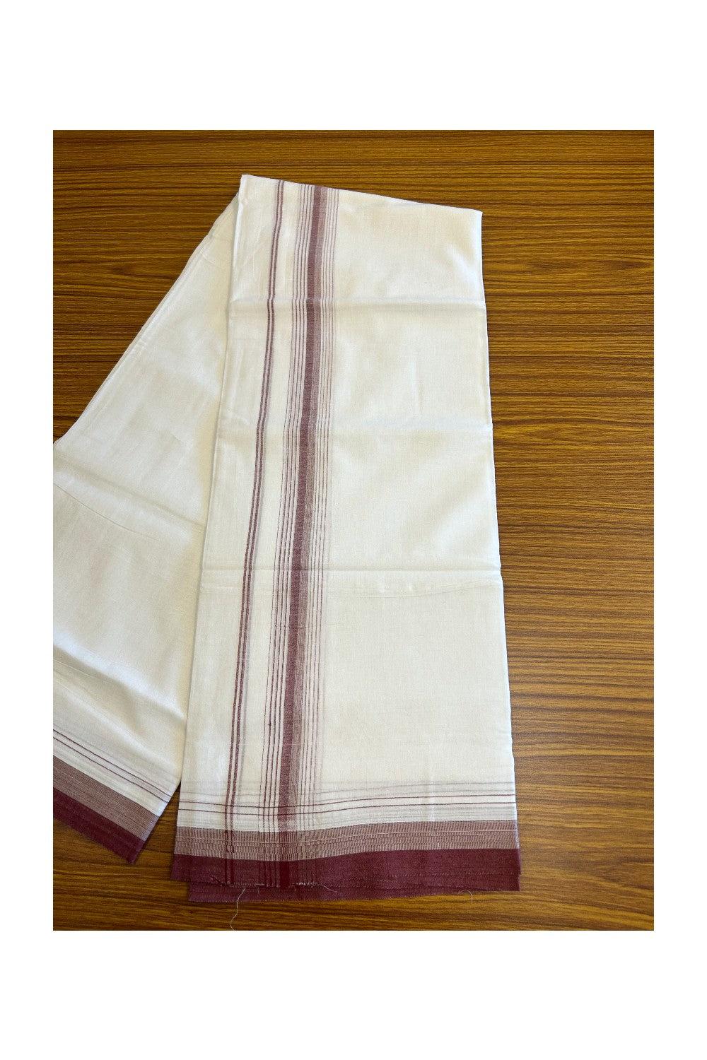 15% DISCOUNT!! Kaitharikada Balaramapuram 100% Cotton Ultra WHITE Double Mundu/Dothi-100x90  2.25 inch Sand Brown & Maroon shaded stripes kara - 17KK5067KK