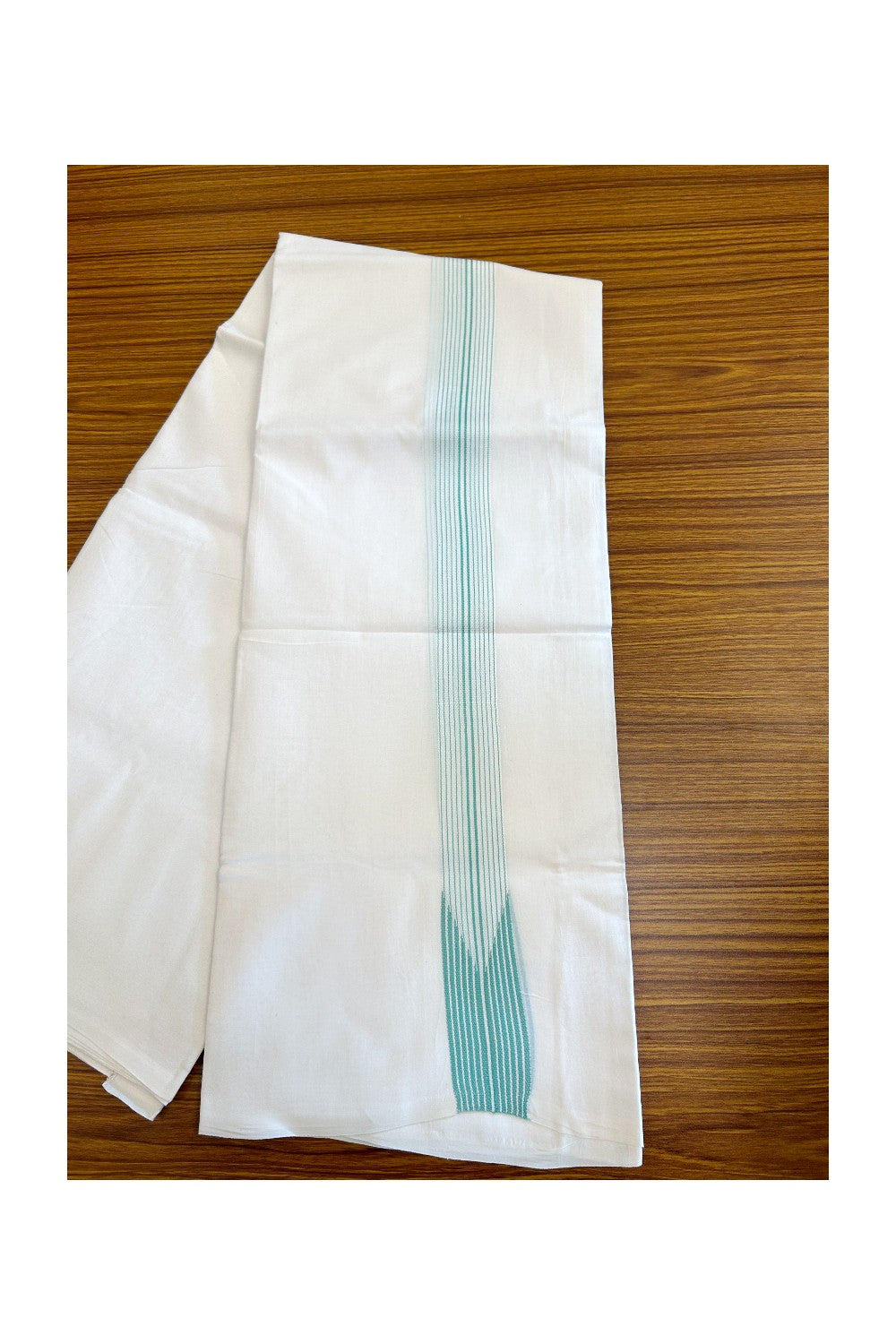 20% DISCOUNT!!! KaithariKada 100% Cotton Pure white Double Dhoti/Mundu- 12 Line Puliyilakkara Chutty Mint Green Stripes- 19KK412ASH