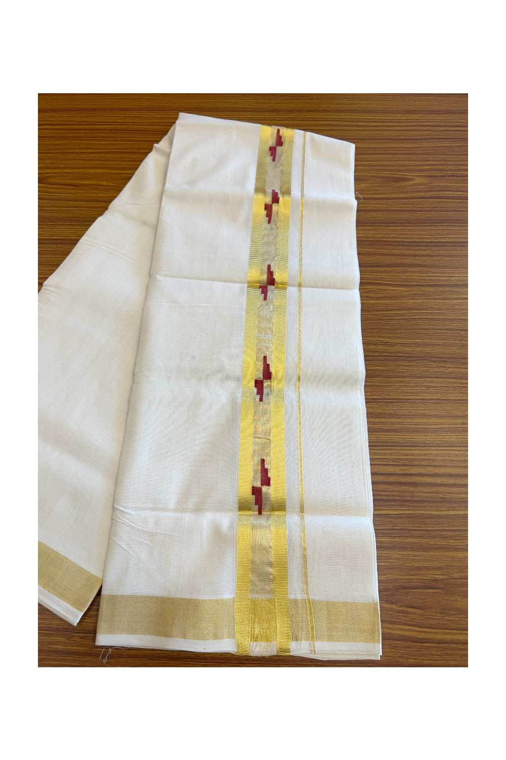 30% Discount!!! KaithariKada HANDLOOM UNAKKUPAAV Balaramapuram - 100% PURE Cotton off white (Unbleached) Double Mundu/Dhoti -100x 100 - 2.5 inch Kasavu with Center Tissue & Maroon design kara - 16KK5096YAR