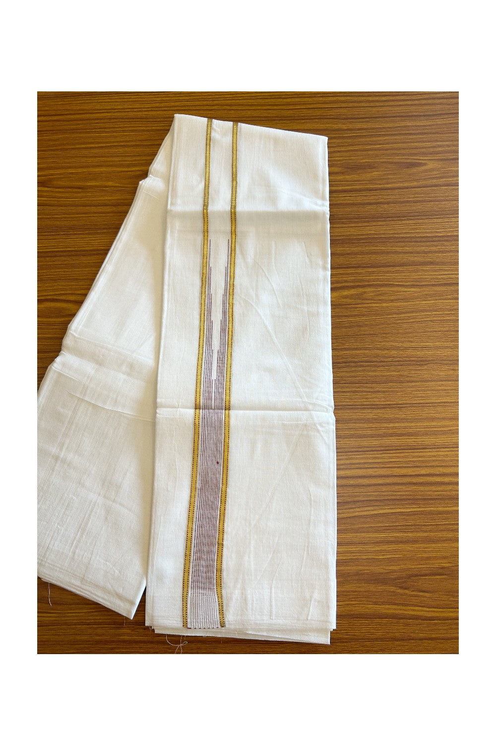 20% DISCOUNT!! KaithariKada Balaramapuram 100% Cotton PURE WHITE Double Mundu/Dhoti - 100x80 - 1.5 inch Wine Purple & Gold Kasav striped Chutty kara - 17KK5109THI