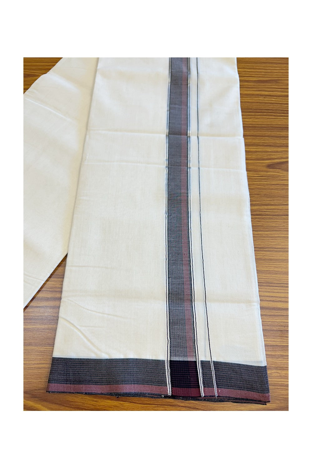 30% DISCOUNT! KaithariKada BALARAMAPURAM HANDLOOM UNAKKUPAAV - 100% PURE Cotton Off white (Unbleached) Double Mundu/Dhoti - 1.5 inch Maroon & Black Silver Kasav Kara - 17KK5123RAM