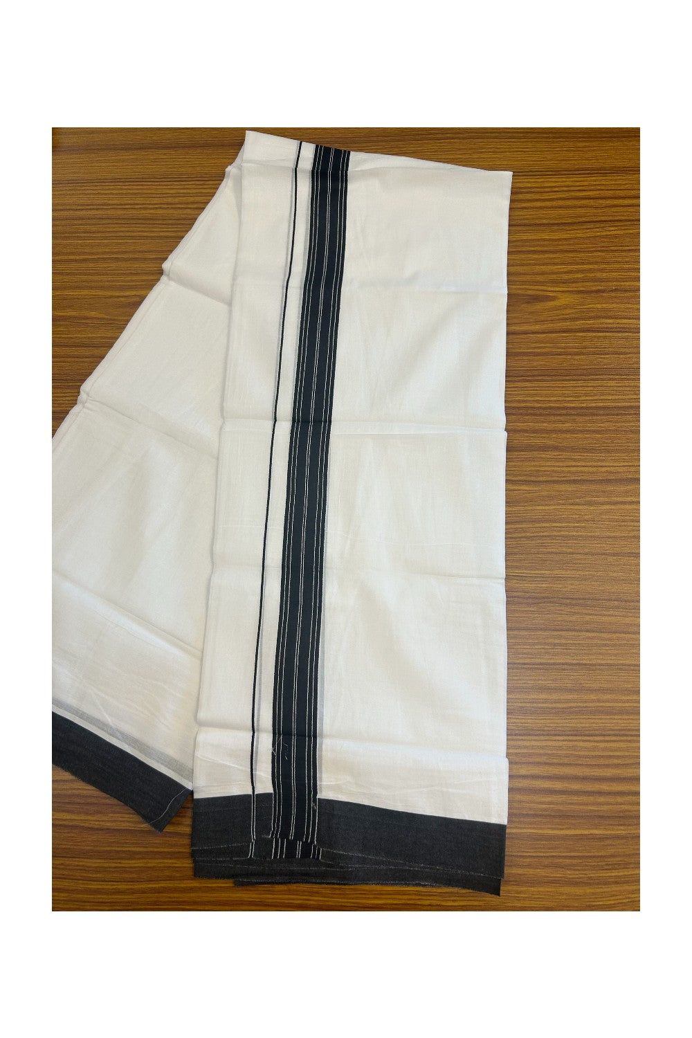 20% DISCOUNT! KaithariKada Balaramapuram 100% Cotton Double PURE white Mundu/Dhoti - 100x80 - 1.25 Inch Black Center Striped Kara - 17KK5135GAN