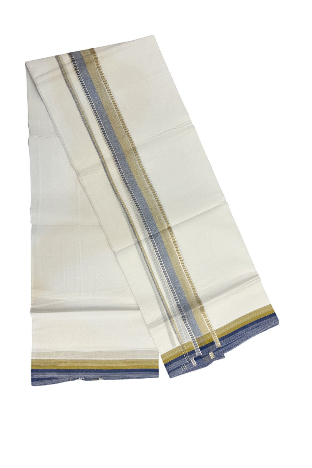 21% Discount !! KaithariKada Balaramapuram Double PURE WHITE Mundu/Dhoti- 100x80 - 1.75 inch Blue Olive Green Kara Silver Striped kara - 17KK5143PMC