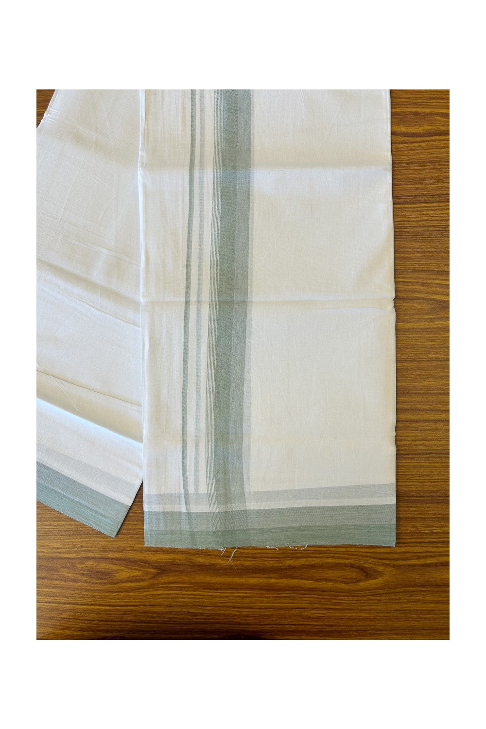 24% DISCOUNT!! Kaitharikada Balaramapuram 100% Cotton Ultra WHITE Double Mundu./Dothi-100x80 SAGE GREEN Striped  Cotton Kara -17KK61VAS