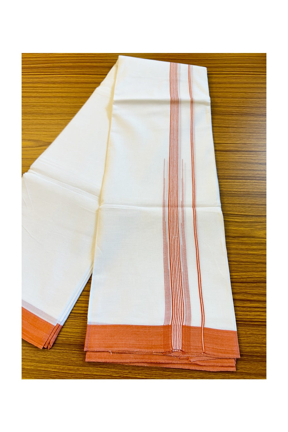 22% DISCOUNT!! Kaitharikada Balaramapuram 100% Cotton Ultra WHITE Double Mundu/Dothi-100x100  2.25 Inch ORANGE Striped Cotton Kara 3.80m- 17KK74RAM