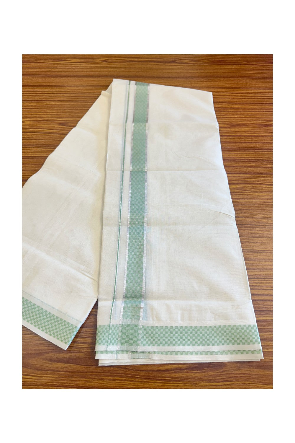 21% DISCOUNT ! KaithariKada Balaramapuram 100%  Cotton Double off white  Mundu/Dhoti - 100X100 Silver kasavu  light green check design kara - 17KK78PMC