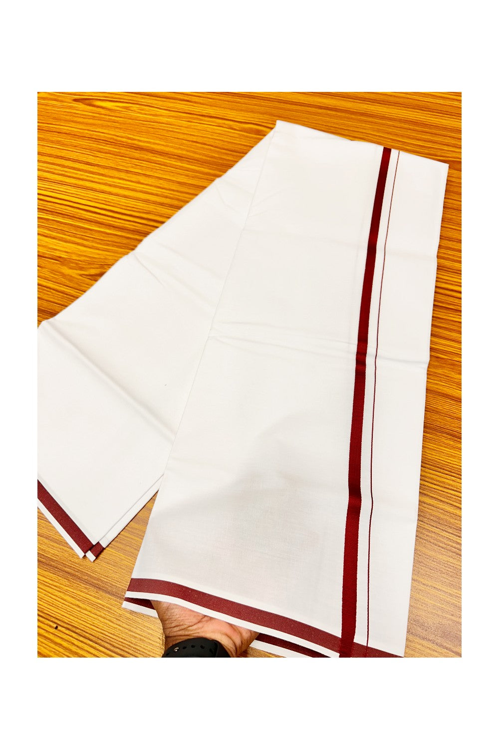 15% OFFER!! KaithariKada 100% Cotton PURE WHITE SINGLE Mundu/Dhoti-40X40 Maroon+Brown 2cm  Kara- 17pra